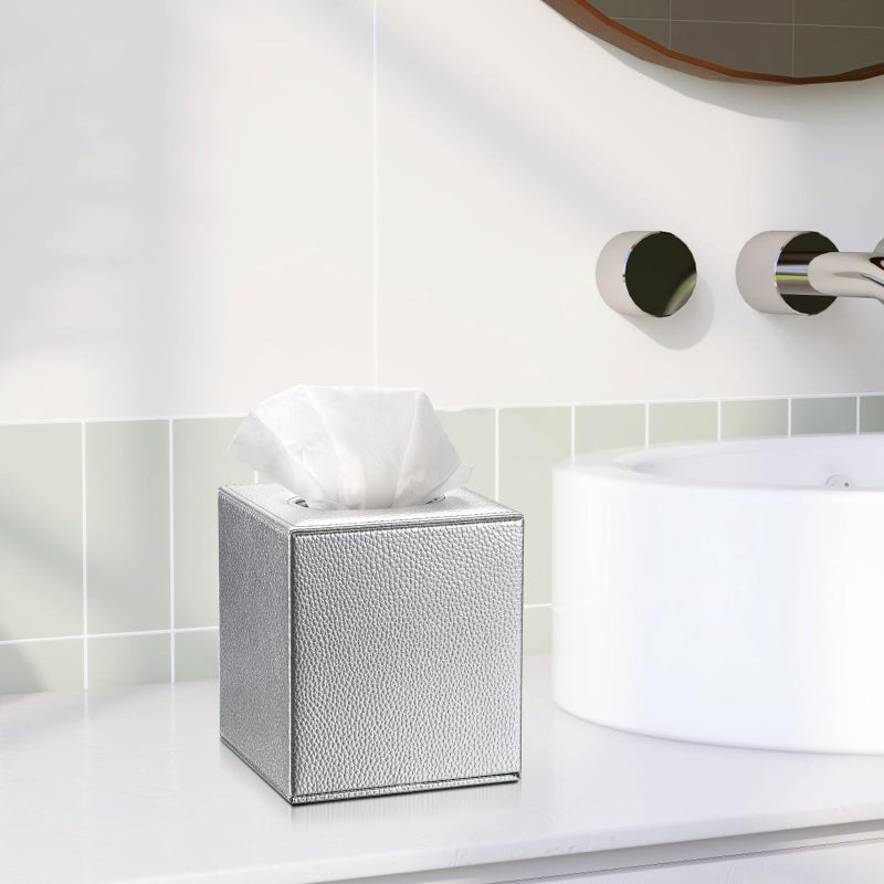 Sumnacon Tissue Box Cover Square Tissue Box Stylish PU Tissue Box Holder with Magnetic Bottom, Leather Cube Tissue Cover for Living Room Bathroom Bedroom Table Desk Home Office Car, Silver - Image 2
