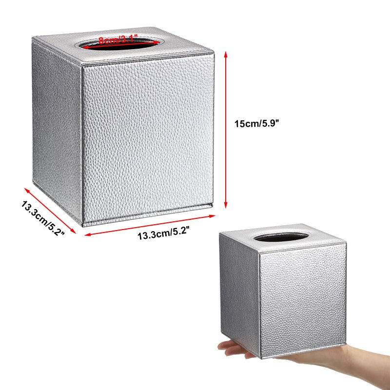 Sumnacon Tissue Box Cover Square Tissue Box Stylish PU Tissue Box Holder with Magnetic Bottom, Leather Cube Tissue Cover for Living Room Bathroom Bedroom Table Desk Home Office Car, Silver - Image 3