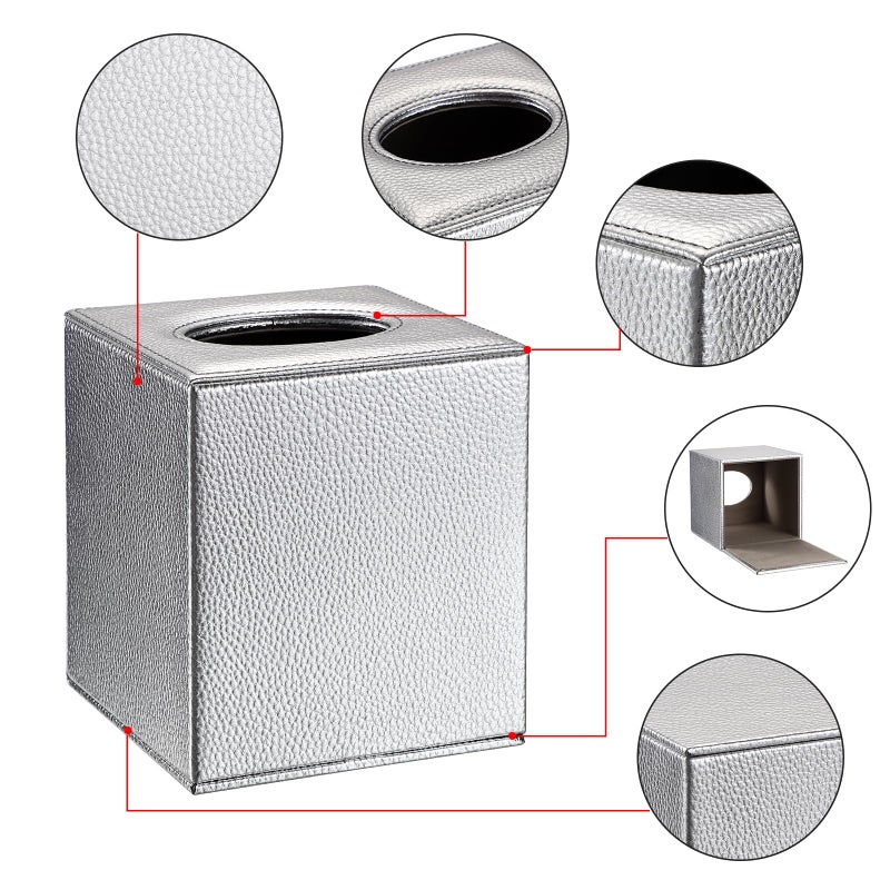 Sumnacon Tissue Box Cover Square Tissue Box Stylish PU Tissue Box Holder with Magnetic Bottom, Leather Cube Tissue Cover for Living Room Bathroom Bedroom Table Desk Home Office Car, Silver - Image 4