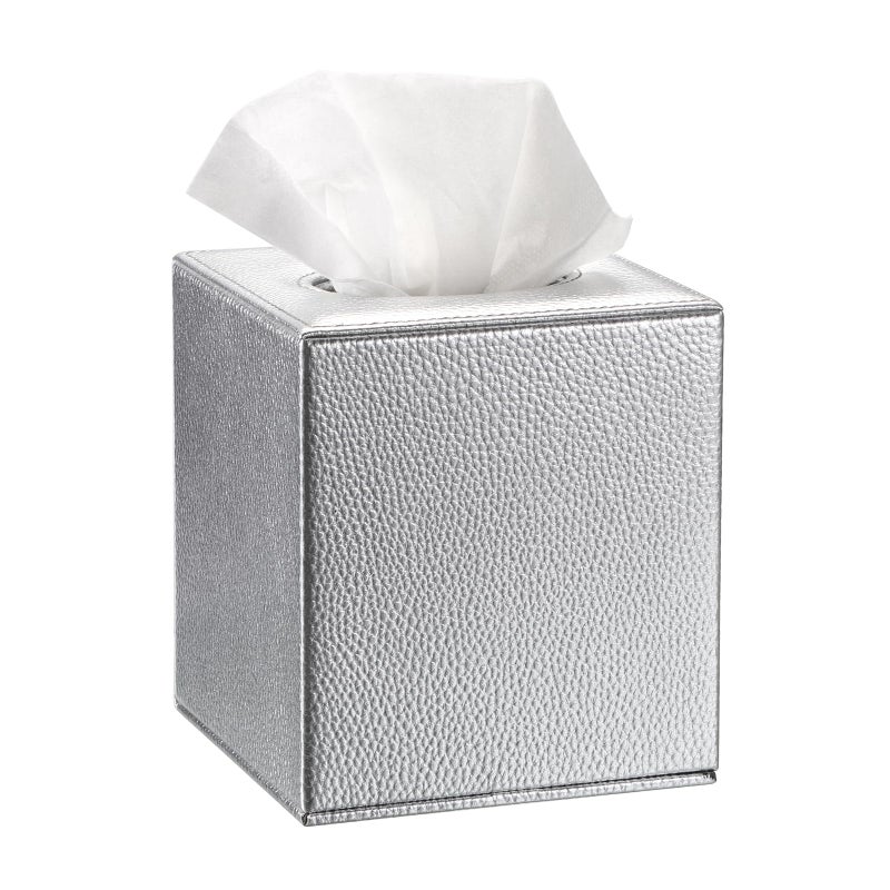 Sumnacon Tissue Box Cover Square Tissue Box Stylish PU Tissue Box Holder with Magnetic Bottom, Leather Cube Tissue Cover for Living Room Bathroom Bedroom Table Desk Home Office Car, Silver - Image 1