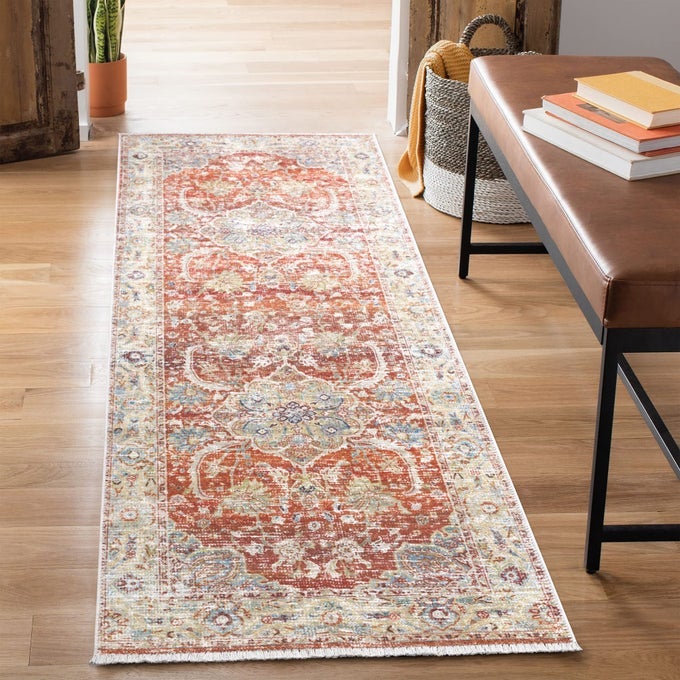CARIA WASHABLE NONSLIP 10 FT RUNNER ORANGEOLIVE BEIGE TRADITIONAL RUNNER FOR ENTRYWAY HALLWAY BATHROOM AND KITCHEN EXACT SIZE 26 X 10