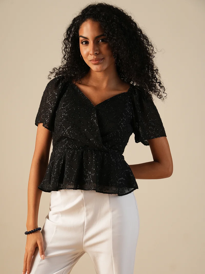 globus Women Sweetheart Neck Puff Sleeves Shiny Self Design Gathered Wrap Party Top
