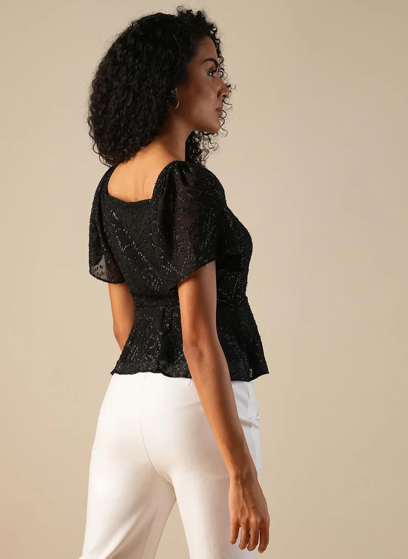 globus Globus Women Sweetheart Neck Puff Sleeves Shiny Self Design Gathered Wrap Party Top