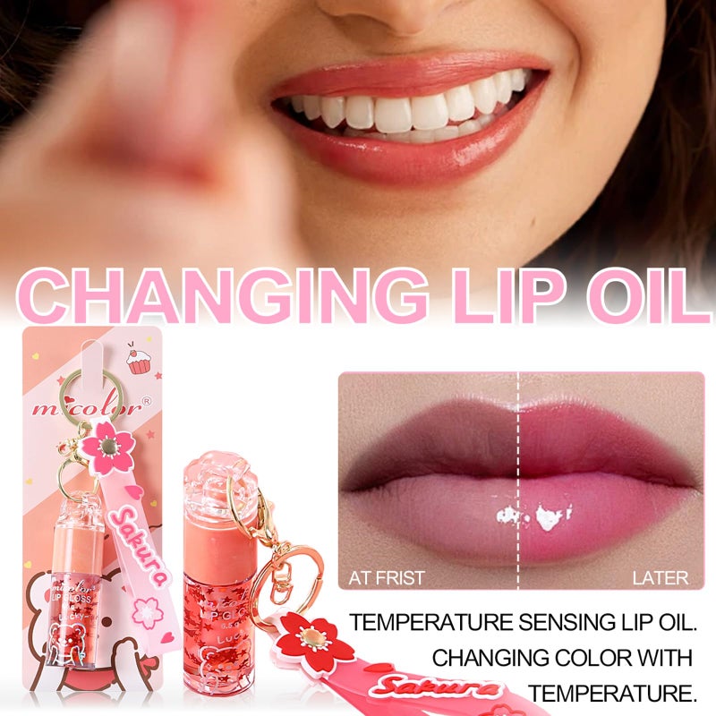 DENESTUP 3 Colors Hydrating Lip Gloss Set, Glossy Shimmer High Shine Glass Finish Lipgloss Natural Moisturizing, Lip Make-Up for Women Party Gift Sakura Keychain Design - Image 2