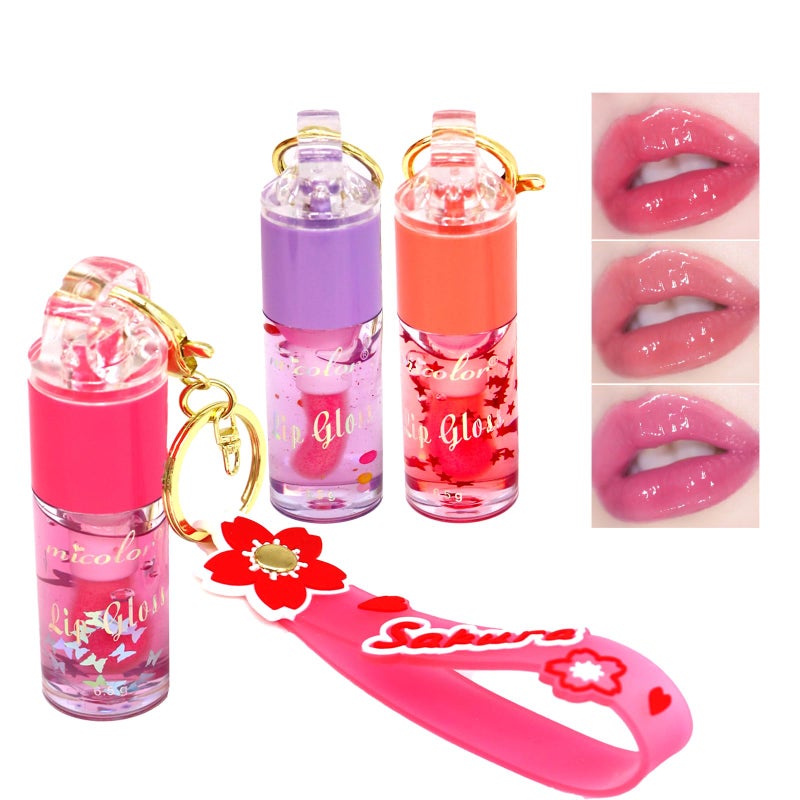 DENESTUP 3 Colors Hydrating Lip Gloss Set, Glossy Shimmer High Shine Glass Finish Lipgloss Natural Moisturizing, Lip Make-Up for Women Party Gift Sakura Keychain Design - Image 1