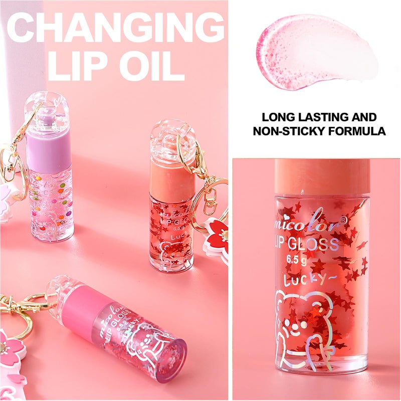 DENESTUP 3 Colors Hydrating Lip Gloss Set, Glossy Shimmer High Shine Glass Finish Lipgloss Natural Moisturizing, Lip Make-Up for Women Party Gift Sakura Keychain Design - Image 3