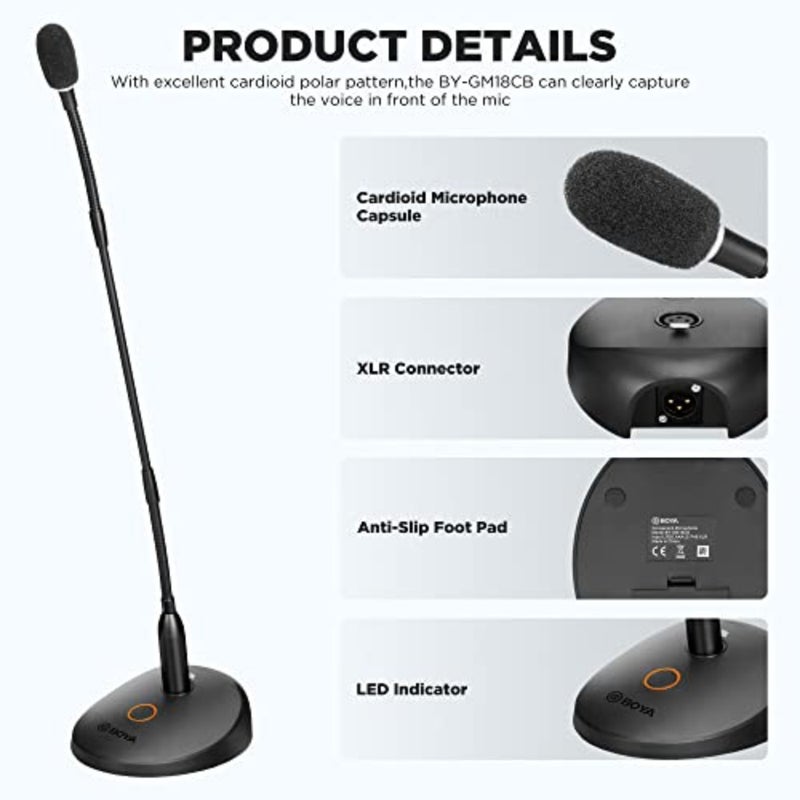 BOYA 18" Gooseneck Condenser Microphone with Desktop Base, LED Indicator - Podium Microphone for Conference Meeting Video Live Streaming Lecture Speech Podcast XLR Interface BY-GM18CB - Image 2