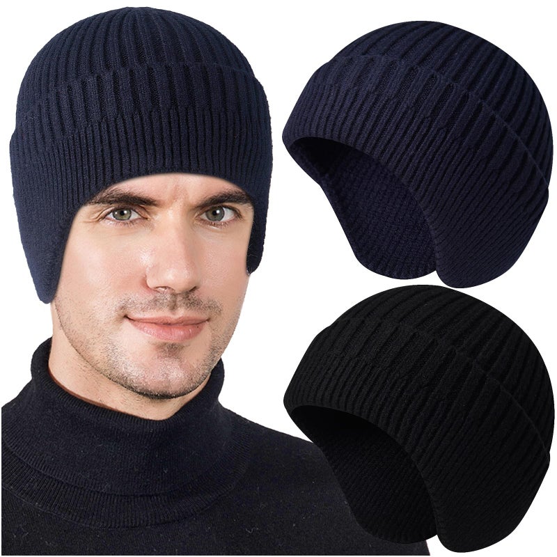 Heniho 2pcs Winter Beanies with Ear Flaps for Men Women, Warm Knit Earflaps Cap Thick Hats, B - Image 1