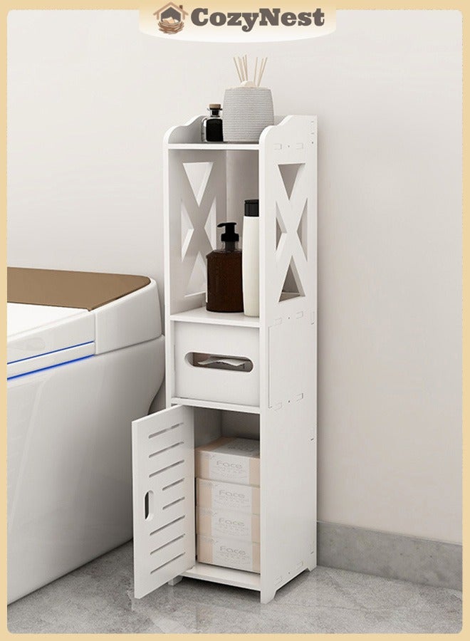 كوزينيست خزانة زاوية صغيرة للحمام على الأرض، خزانة تخزين عمودية قائمة بذاتها مع باب وأرفف مفتوحة، حامل ورق تواليت، منظم ضيق لحوض الاستحمام - Image 1