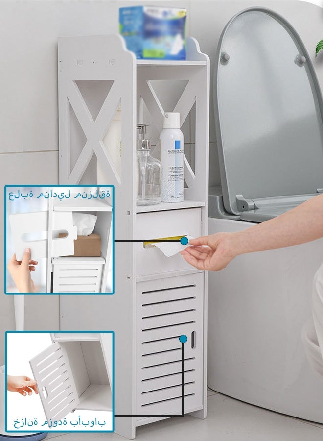 كوزينيست خزانة زاوية صغيرة للحمام على الأرض، خزانة تخزين عمودية قائمة بذاتها مع باب وأرفف مفتوحة، حامل ورق تواليت، منظم ضيق لحوض الاستحمام - Image 2