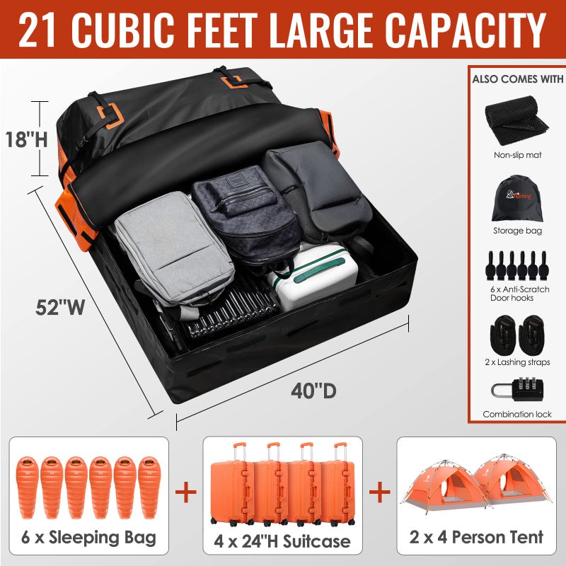 Asinking Car Rooftop Cargo Carrier Bag, 21 Cubic Feet 100% Waterproof Heavy Duty 840D Car Roof Bag for All Vehicle with/Without Racks - Anti-Slip Mat, 6 Door Hooks, Storage Bags, 2 Extra Straps, Luggage Lock - Image 4