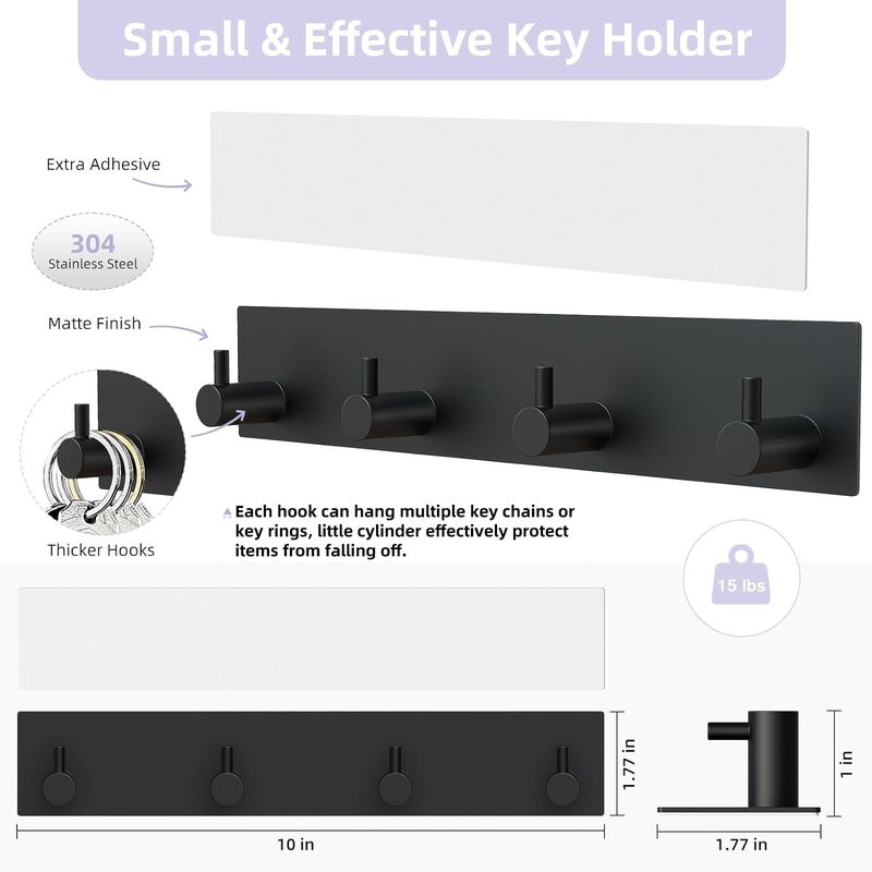 VIS'V Key Holder Wall Mount, Large Metal Self Adhesive Key Hanger with 4 Hooks, No Drilling, Extra Adhesive Strip, Black - Image 3
