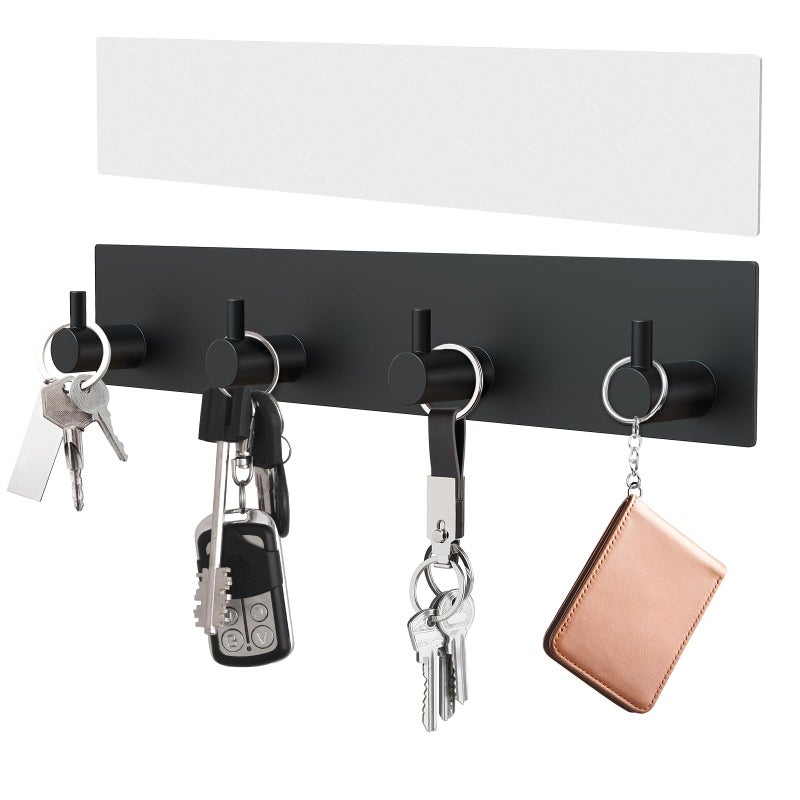 VIS'V Key Holder Wall Mount, Large Metal Self Adhesive Key Hanger with 4 Hooks, No Drilling, Extra Adhesive Strip, Black - Image 1