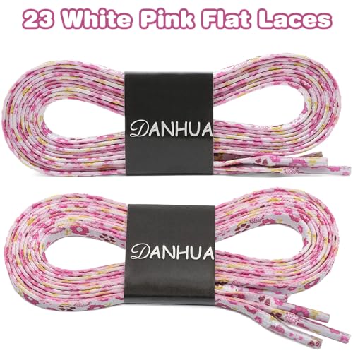 DANHUA Colored Printed Flat Shoelaces: 2 Pair White Pink Patterned Shoe Laces for Sneakers 63 inch - Image 2