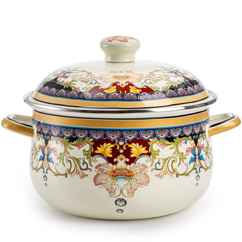 ZENFUN Kitchen Enamel Stockpot with Lid 45 Quart Retro Flower Stew Bean Cooking Pot Vintage Thicken Soup Pot with Handles Nonstick Safe for Induction Cookers Gas Stove