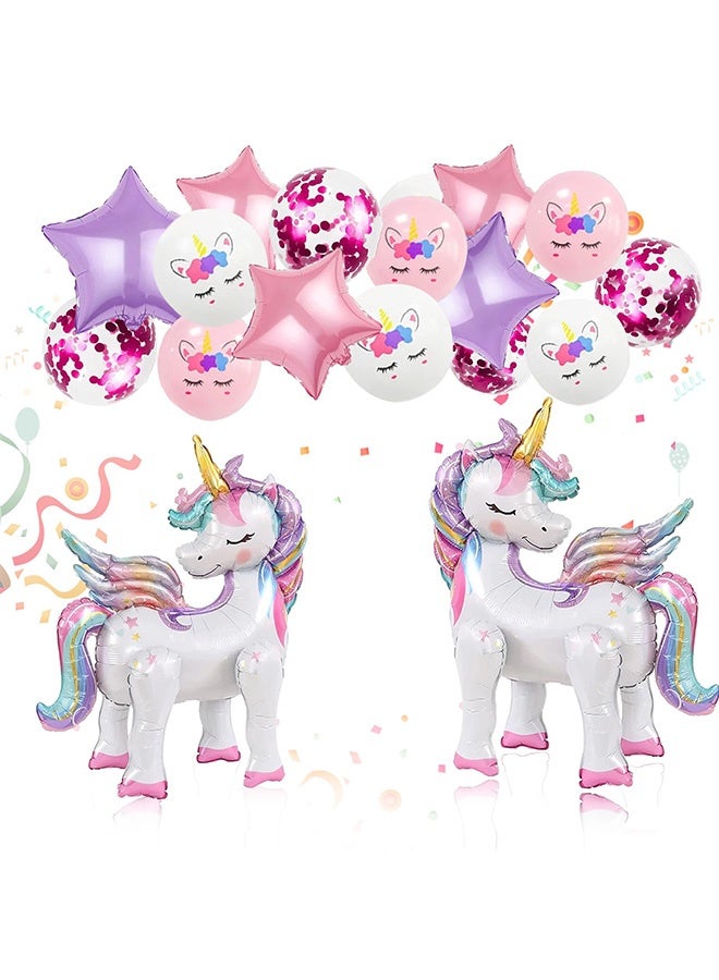 Peachjoy 16 Pcs Unicorn Balloons Kit for Birthday Party Decorations - 2 Self Standing 3D Foil Unicorns, 4 Stars & 10 Printed Latex with Tying Tool (No Helium Needed) - Image 1