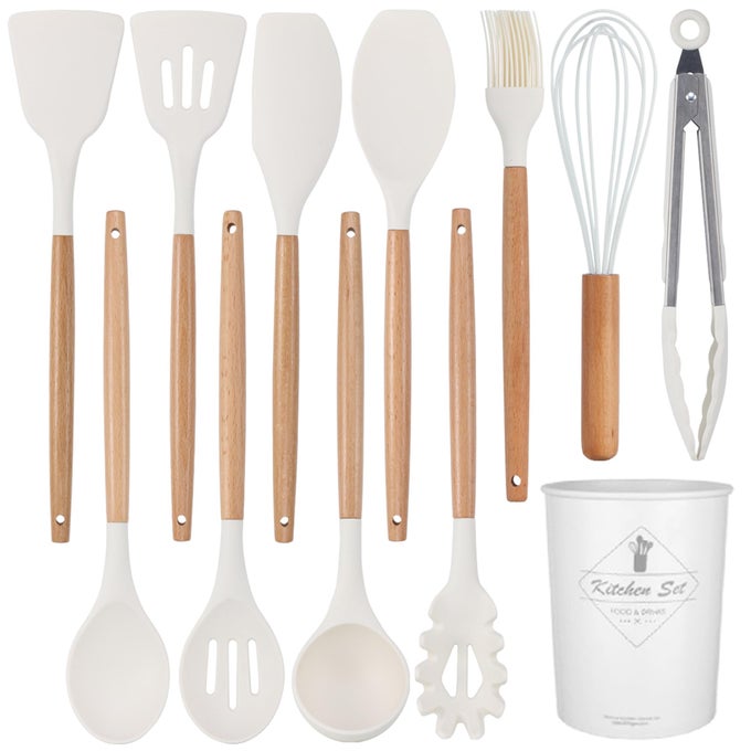 SILICON COOKING UTENSILS SET FOR KITCHEN 12 PCS NONSTICK COOKING SET 446F HEAT RESISTANT WITH WOODEN HANDLE SPATULA TURNER SPOON TONGS WHISKBPAFREEMILK WHITE