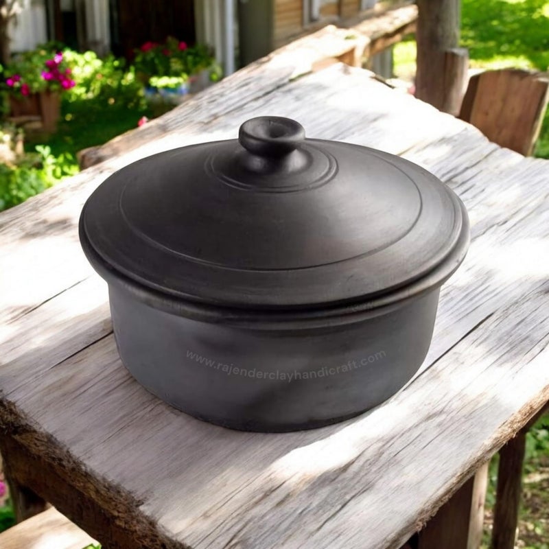 RAJENDER CLAY HANDICRAFT Handmade Black Patila 4 Liters by Rajender Clay Handicraft - Traditional Earthen Cookware for 5-6 Members Family