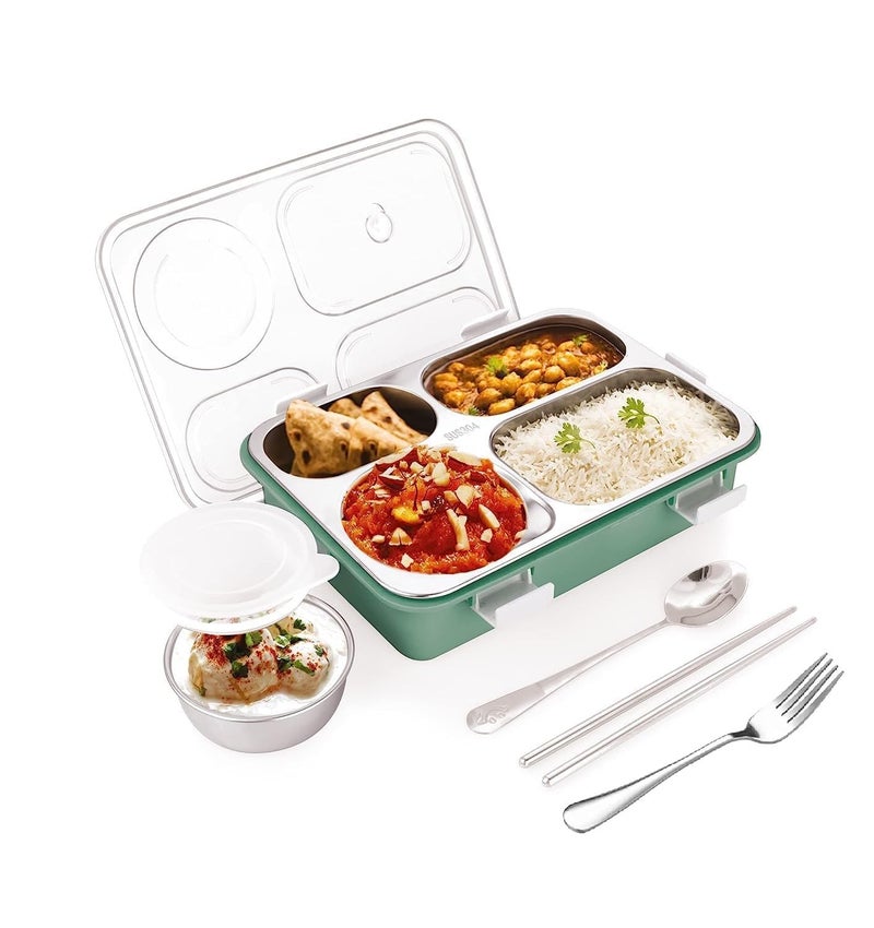 Brand Conquer Lunch Box Leak-Proof BPA Free Stainless Steel for School, Lunch Box for School & Office with a Fork, a Spoon and a Pair of Chopsticks (Dark Green, 4 Compartment) - Image 1