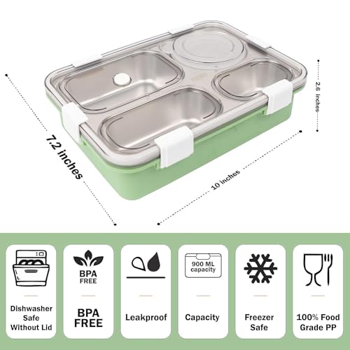 Brand Conquer Lunch Box Leak-Proof BPA Free Stainless Steel for School, Lunch Box for School & Office with a Fork, a Spoon and a Pair of Chopsticks (Dark Green, 4 Compartment) - Image 2