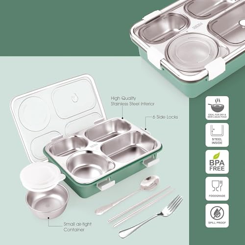 Brand Conquer Lunch Box Leak-Proof BPA Free Stainless Steel for School, Lunch Box for School & Office with a Fork, a Spoon and a Pair of Chopsticks (Dark Green, 4 Compartment) - Image 4
