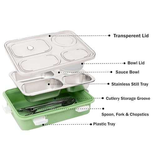 Brand Conquer Lunch Box Leak-Proof BPA Free Stainless Steel for School, Lunch Box for School & Office with a Fork, a Spoon and a Pair of Chopsticks (Dark Green, 4 Compartment) - Image 3