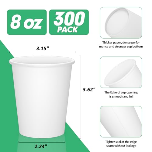 RAZCC 8 oz Paper Cups 300 Pack 8oz Disposable Paper Coffee Cups Coffee Cups 8 oz for Cold and Hot Drinks White Paper Drinking Cups for Parties Picnic Cafes Bistros and Events - Image 5