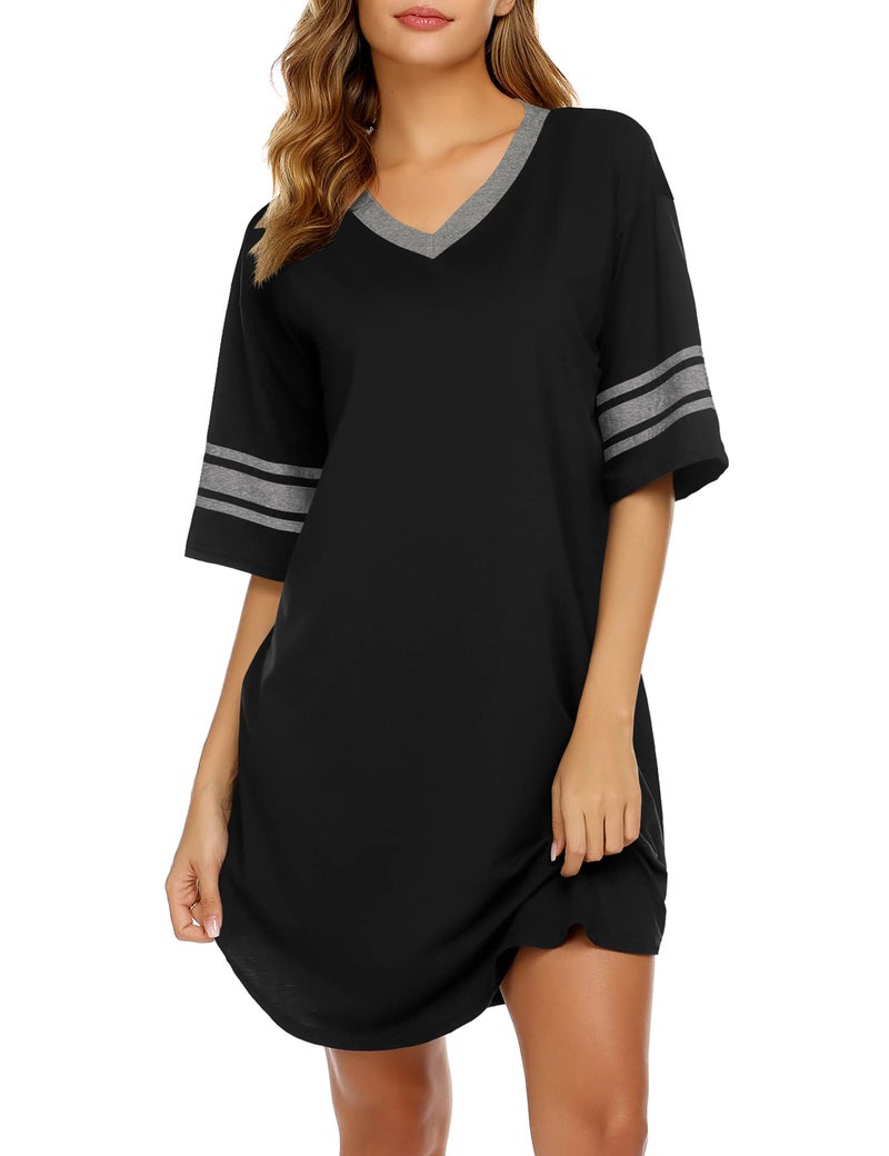 Ekouaer Womens Nightgown Cotton Sleepwear Short Sleeve Sleep Shirt V Neck Color Block Nightshirt M Black - Image 1