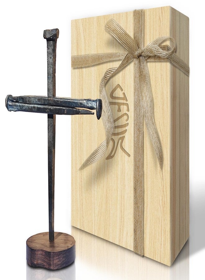 LeMeeOly Jesus Christ Crucifixion Nail Metal Cross Wooden Base, Religious Gifts for Mom Mothers Day, Baptism & Religious Gifts for Men Women,Christian Home Decor (Solid Wood Base) - Image 1
