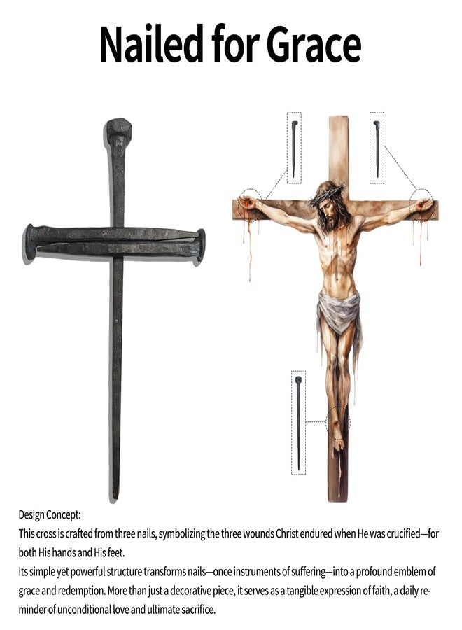 LeMeeOly Jesus Christ Crucifixion Nail Metal Cross Wooden Base, Religious Gifts for Mom Mothers Day, Baptism & Religious Gifts for Men Women,Christian Home Decor (Solid Wood Base) - Image 2
