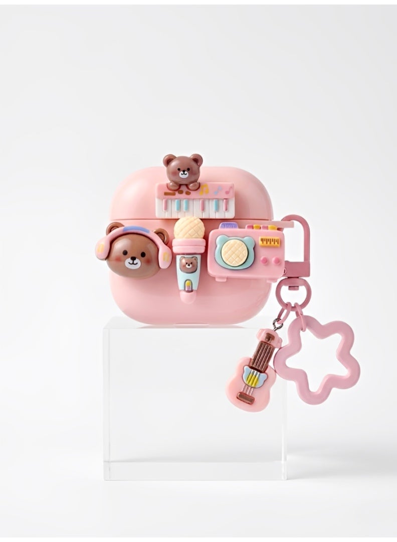 3D Bear Case for AirPods 4 - Cute Pink Aesthetic Silicone Cover with Headphone Bear, Keyboard, and Guitar Charm Keychain - Shockproof Protective Accessory - Image 1