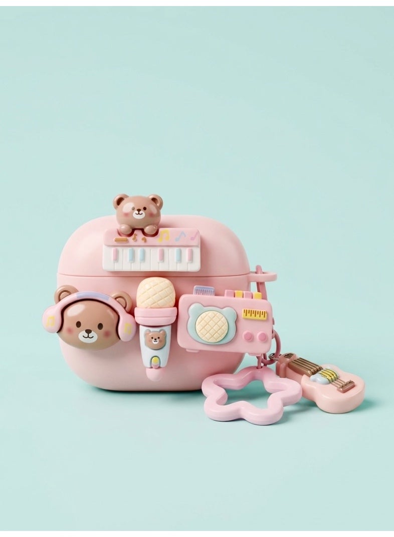 3D Bear Case for AirPods 4 - Cute Pink Aesthetic Silicone Cover with Headphone Bear, Keyboard, and Guitar Charm Keychain - Shockproof Protective Accessory - Image 2