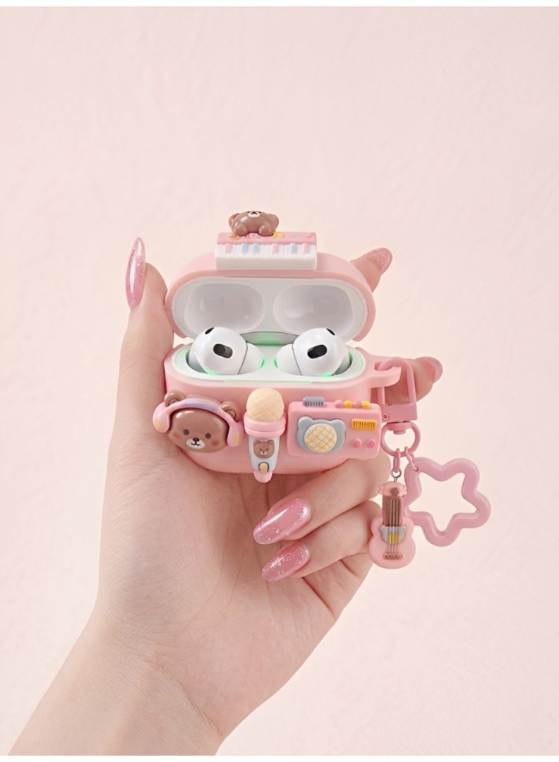 3D Bear Case for AirPods 4 - Cute Pink Aesthetic Silicone Cover with Headphone Bear, Keyboard, and Guitar Charm Keychain - Shockproof Protective Accessory - Image 3