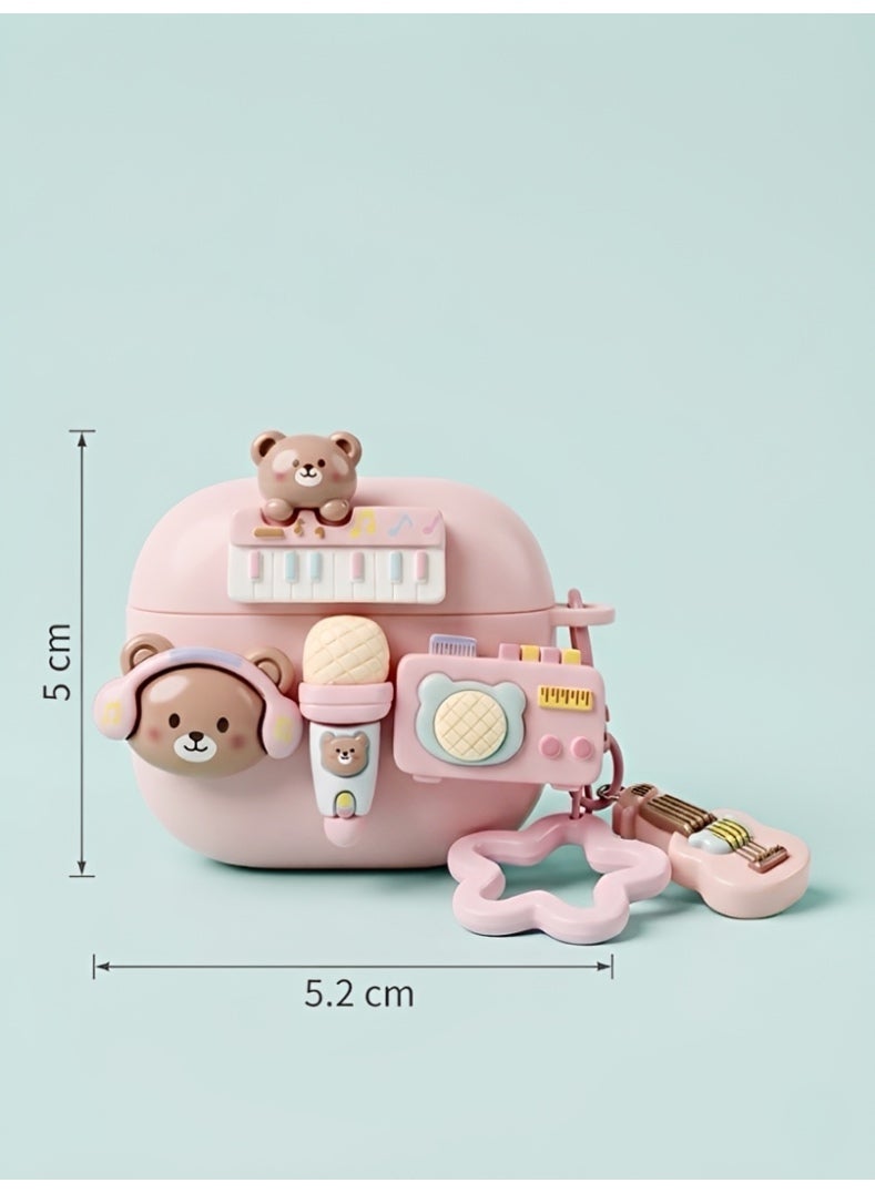 3D Bear Case for AirPods 4 - Cute Pink Aesthetic Silicone Cover with Headphone Bear, Keyboard, and Guitar Charm Keychain - Shockproof Protective Accessory - Image 4