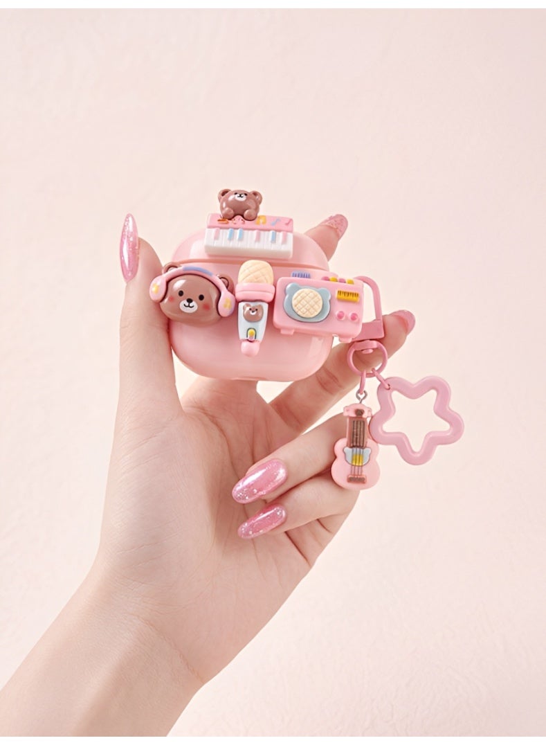 3D Bear Case for AirPods 4 - Cute Pink Aesthetic Silicone Cover with Headphone Bear, Keyboard, and Guitar Charm Keychain - Shockproof Protective Accessory - Image 5