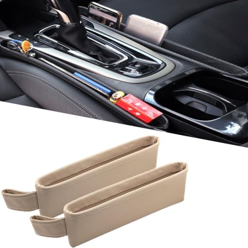 Tumecos Car Seat Pockets PU Leather Car Console Side Organizer Seat Catcher Holders Compatible with Phone Key Wallet Phone Sunglasses 2 Pack (Beige) - Image 1