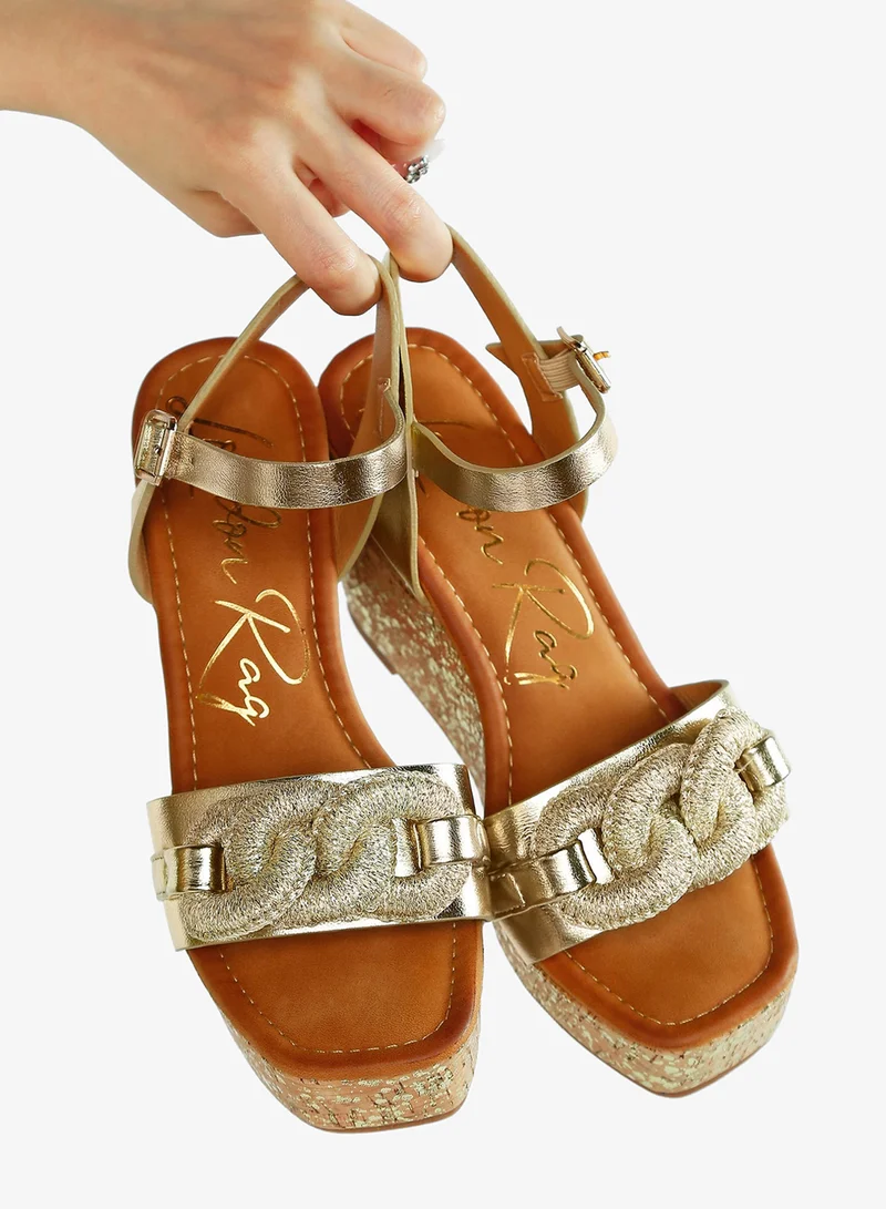 London Rag Nude Chain Link Detail Wedge Sandals in Gold for Women | Best Price UAE