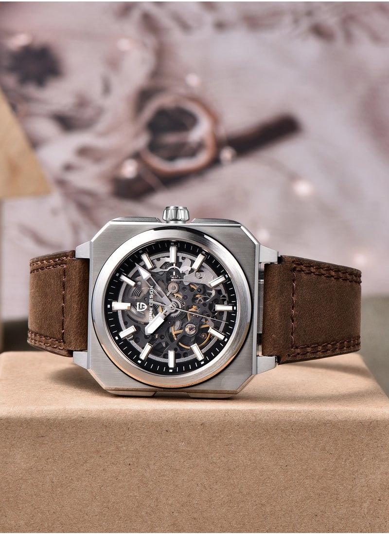 PAGANI DESIGN New Luxury Men's Automatic Mechanical Watches, Stainless Steel Frame With Hollow Dial, PU Leather Strap, Synthetic Sapphire Glass Watch Window, Waterproof, PD1791  - Image 4