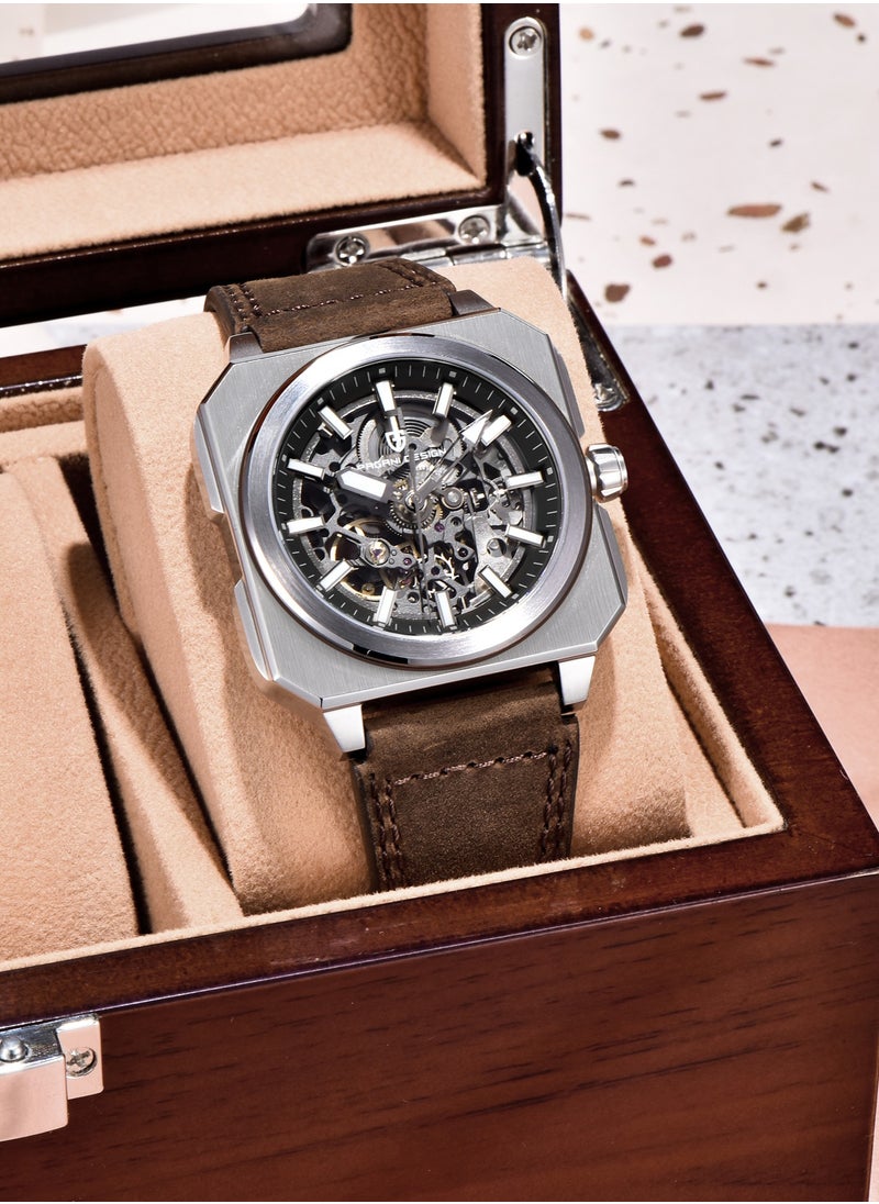 PAGANI DESIGN New Luxury Men's Automatic Mechanical Watches, Stainless Steel Frame With Hollow Dial, PU Leather Strap, Synthetic Sapphire Glass Watch Window, Waterproof, PD1791  - Image 3