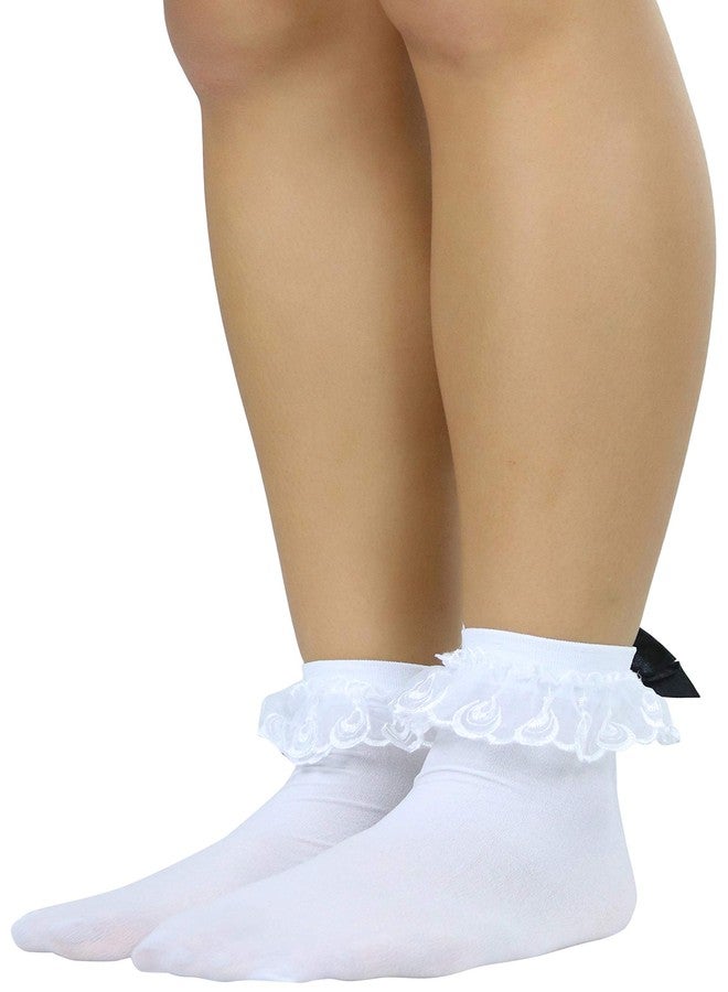 ToBeInStyle Women's Classic Bow and Ruffle Lace Socks - White/Black - OS - Image 3