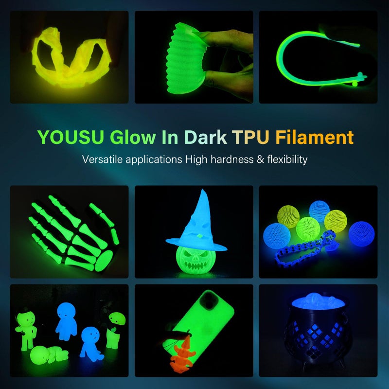 YOUSU حزمة خيوط طابعة ثلاثية الأبعاد TPU تتوهج في الظلام YOUSU، 1.75 مم 95A TPU، أزرق، أخضر، أصفر، بنفسجي 250 جرام * 4 عبوة. - Image 5
