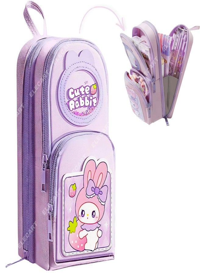 Elecart Large Capacity Bag Style Pencil Case with 3 Compartments - Cute Rabbit Design, Waterproof Canvas Organizer for School, Office, Travel, and Makeup - Image 1