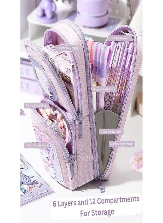 Elecart Large Capacity Bag Style Pencil Case with 3 Compartments - Cute Rabbit Design, Waterproof Canvas Organizer for School, Office, Travel, and Makeup - Image 2