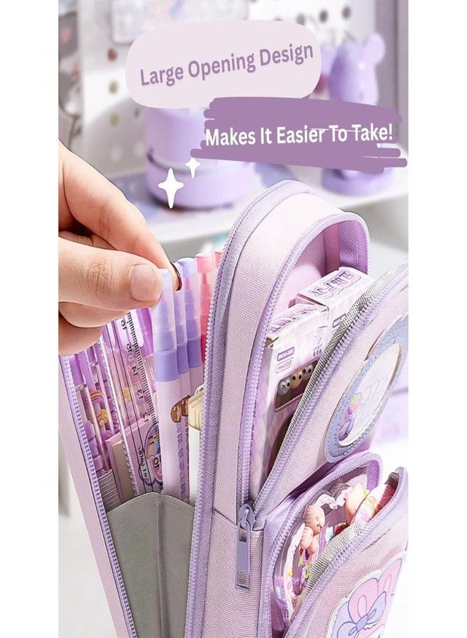 Elecart Large Capacity Bag Style Pencil Case with 3 Compartments - Cute Rabbit Design, Waterproof Canvas Organizer for School, Office, Travel, and Makeup - Image 3