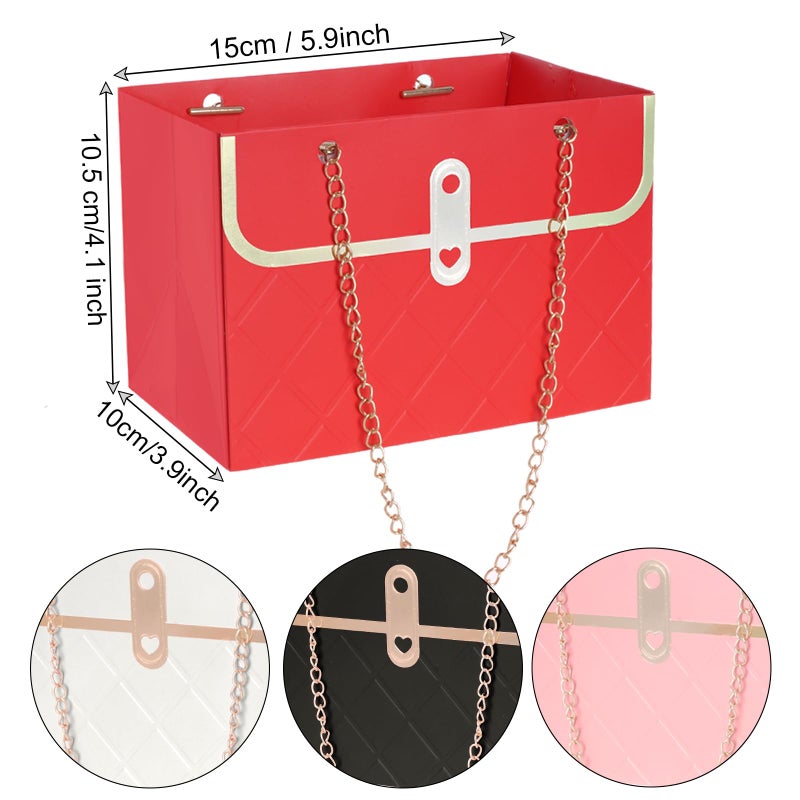 SUMERSHA 4 Pack Flower Paper Gift Bags Portable Bouquet Storage Bucket Paper Flower Handbag Boxes with Metal Chain Bouquet Carrier Bag for Valentine's Day Birthday Mother's Day Wedding Arrangements, 4 Colors (White, Black, Pink, Red) - Image 2
