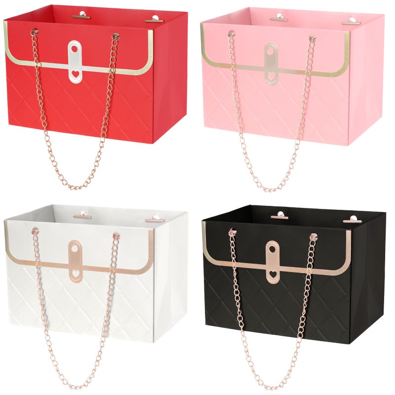 SUMERSHA 4 Pack Flower Paper Gift Bags Portable Bouquet Storage Bucket Paper Flower Handbag Boxes with Metal Chain Bouquet Carrier Bag for Valentine's Day Birthday Mother's Day Wedding Arrangements, 4 Colors (White, Black, Pink, Red) - Image 1