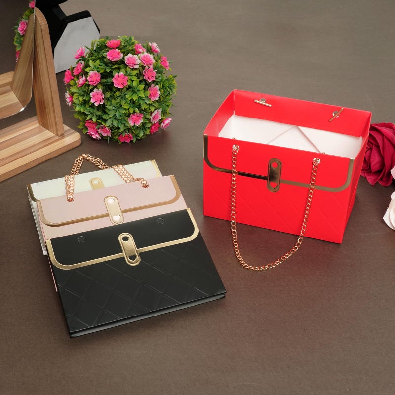 SUMERSHA 4 Pack Flower Paper Gift Bags Portable Bouquet Storage Bucket Paper Flower Handbag Boxes with Metal Chain Bouquet Carrier Bag for Valentine's Day Birthday Mother's Day Wedding Arrangements, 4 Colors (White, Black, Pink, Red) - Image 5