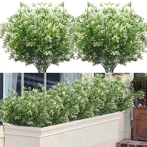 SzJias Outdoor Artificial Plants  Flowers Fake Outdoor Plants Artificial Shrubs for Outdoors Plastic Floral Arrangements Artificial with Vase 8 PcsWhite