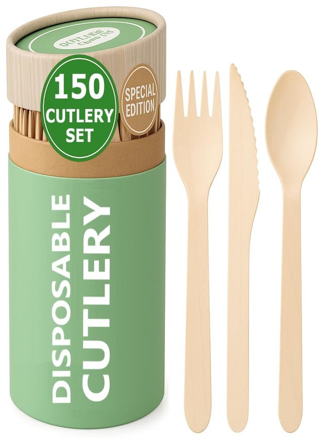 EZYLINKER (150 Pcs) Special Edition Compostable Cutlery Set - Disposable Wooden Cutlery Set - Alternative to Plastic, Eco Friendly, Biodegradable, 50 Each Wooden Spoons, Knives, Forks Disposable Utensils Set - Image 1