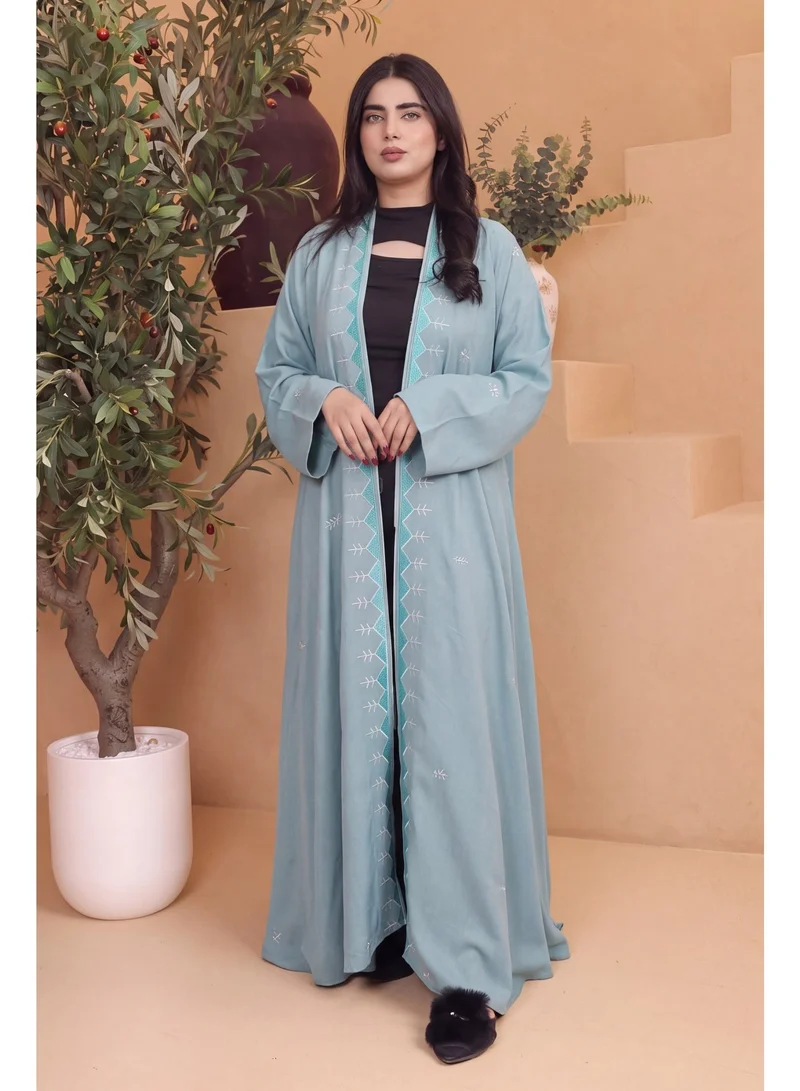 Fashion Line Elegant Embroidered Open Front Abaya - Pastel Blue